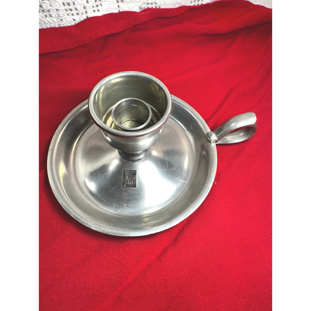 Vintage AT&T Pewter Chamberstick Candle Holder Colonial Finger Loop Handle